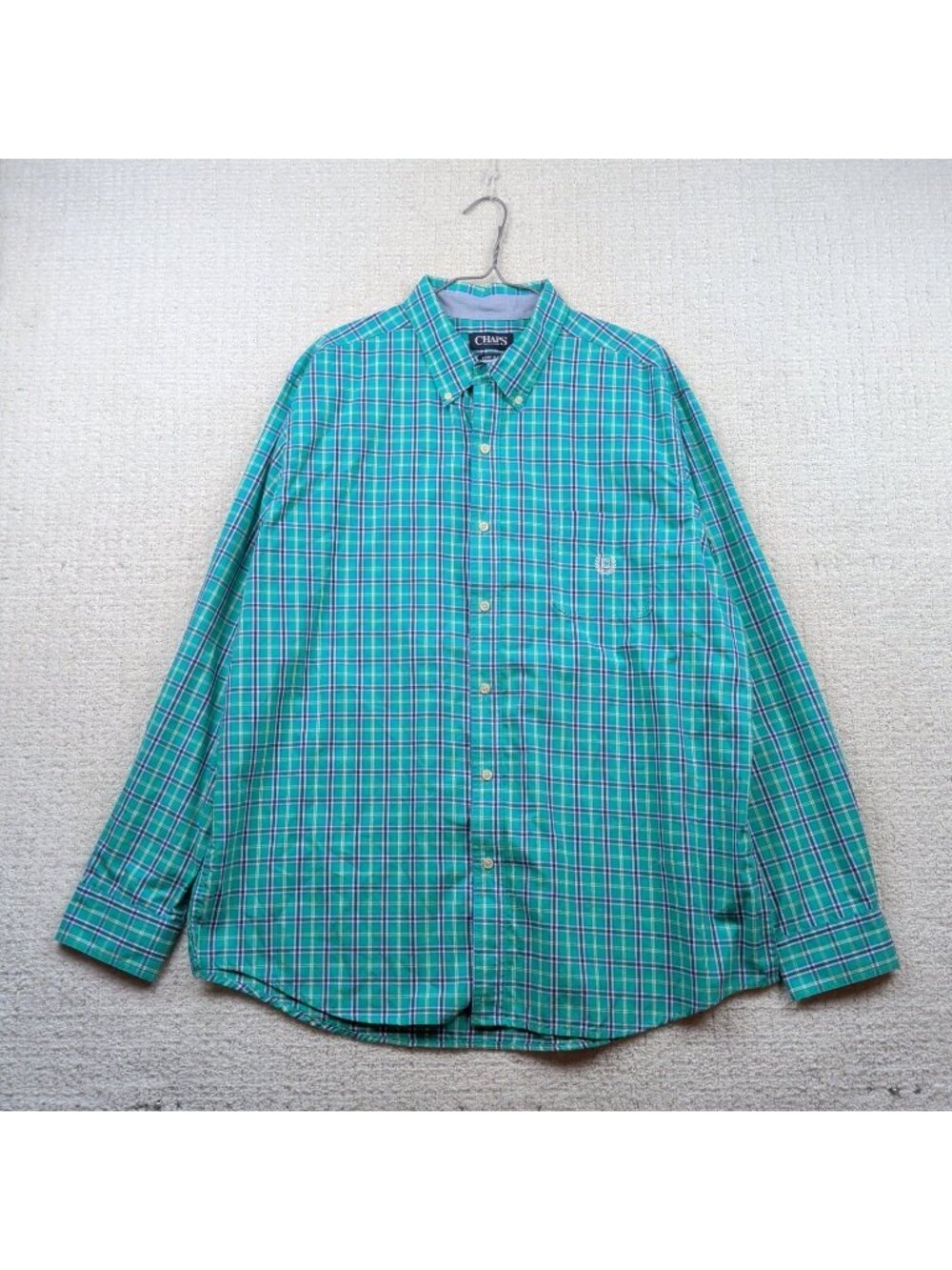Chaps Oxford Dress Shirt Easy Care Long Sleeve Button Down Green Blue Plaid XL